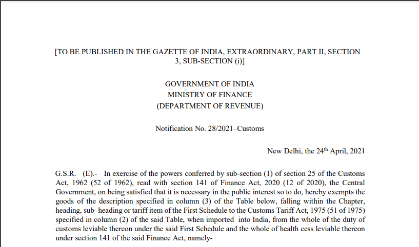 Notification No. 28/2021–Customs