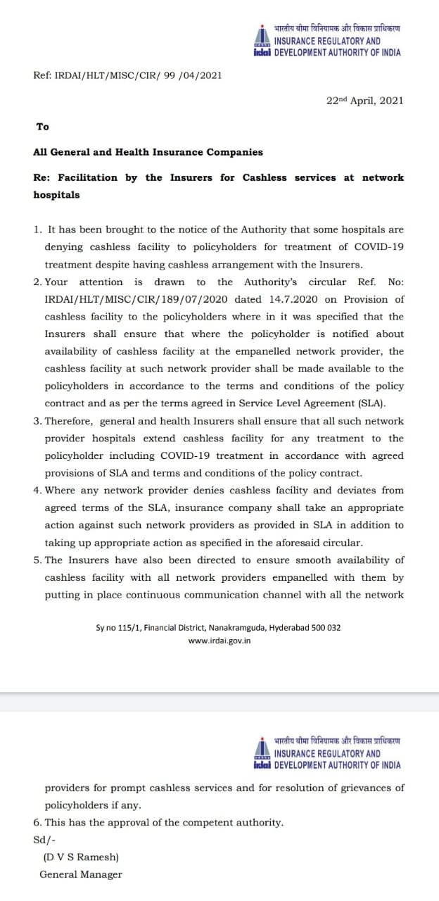 Granting cashless facility for treatment of Covid-19: IRDAI