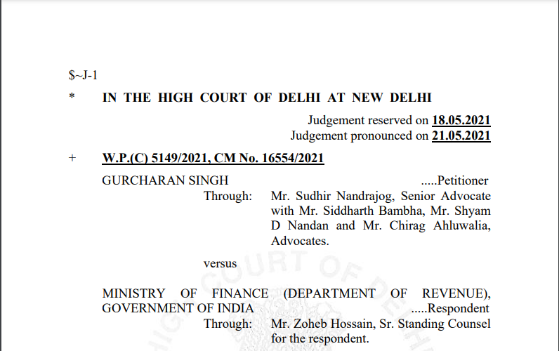 Delhi HC Order in the case of Gurcharan Singh Versus Ministry Of Finance