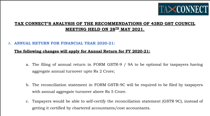 Tax Connect’s Analysis of The Recommendations of 43rd GST Council Meeting Held On 28th May 2021