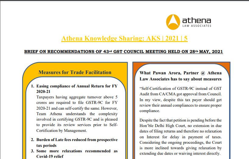 Brief on Recommendations of 43rd GST Council Meeting Held On 28th MAY, 2021.