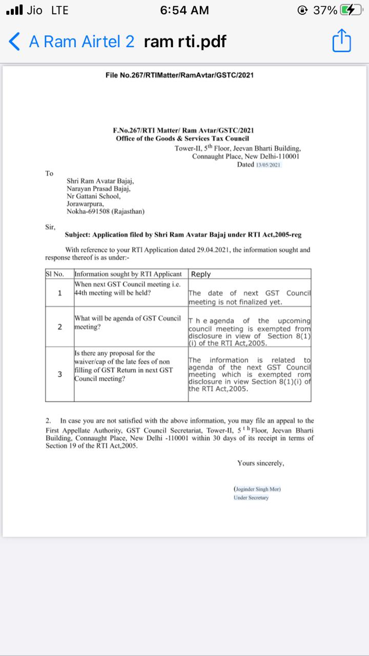 Application filed by Shri Ram Avatar Bajaj under RTI Act, 2005