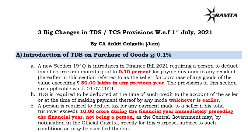 3 Big Changes in TDS / TCS Provisions w.e.f 1st July 2021.