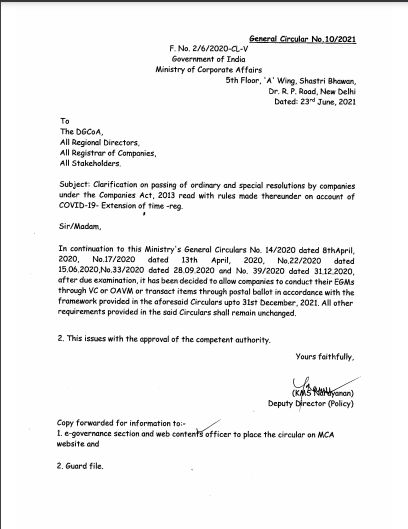 MCA issued clarification on extended timeline for allowing companies to hold their EGM through Video Conferencing upto December 31, 2021.