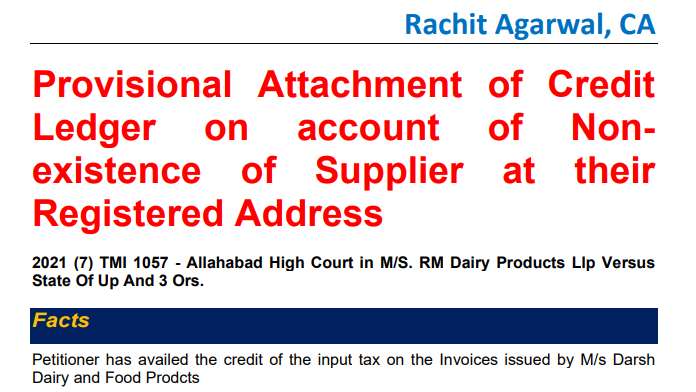 Provisional Attachment of Credit Ledger on account of Nonexistence of Supplier at their Registered Address