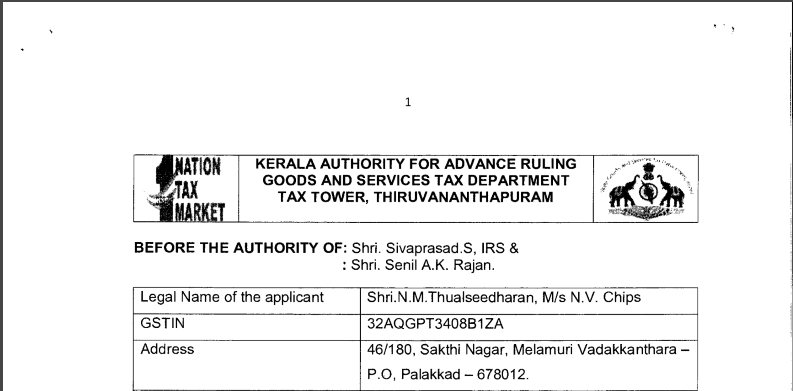Kerala AAR in the case of Shri N.M. Thualseedharan, M/s. N.V. Chips