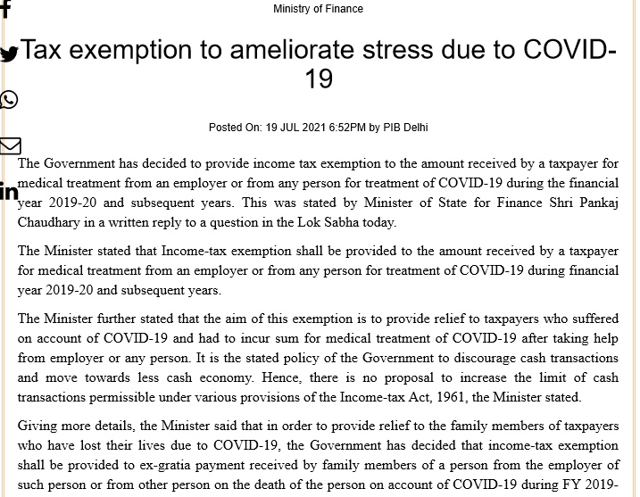 Tax exemption to ameliorate stress due to COVID-19: PIB