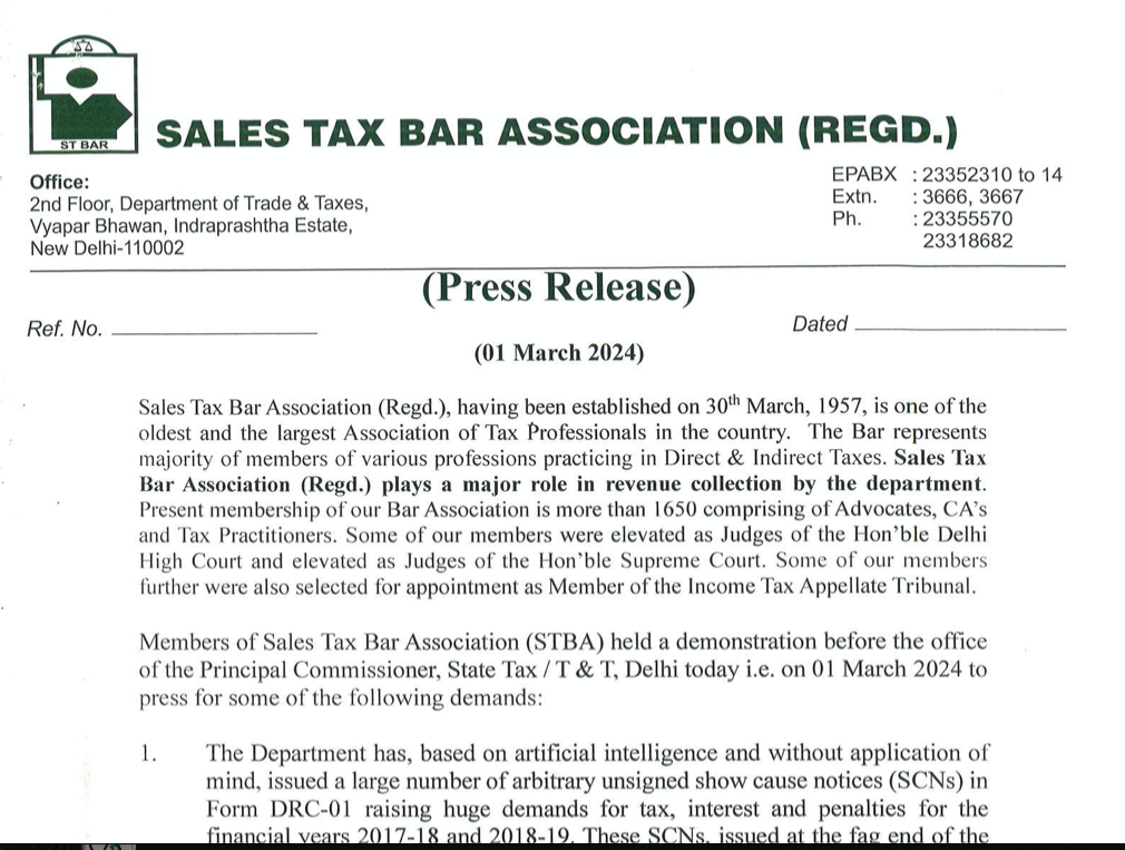 Delhi STBA press release